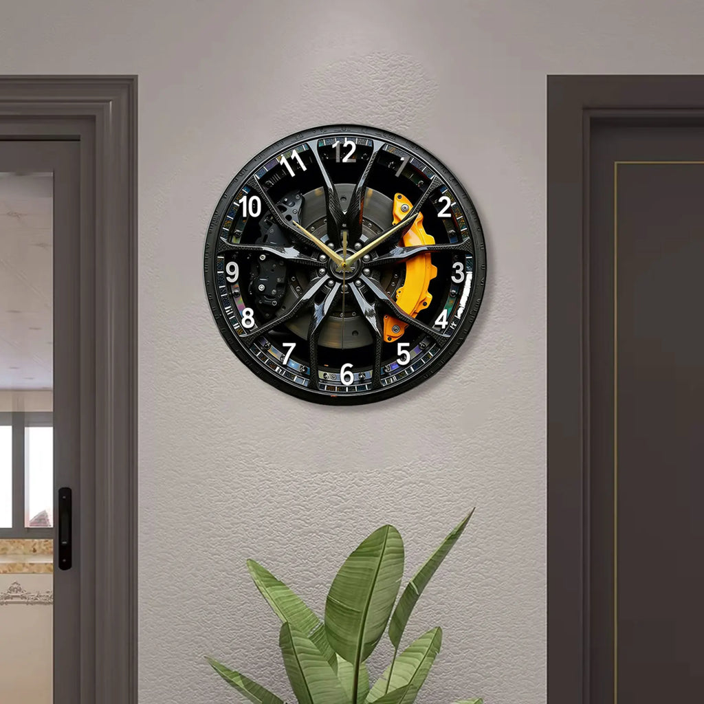 2D Acrylic Car Wheel Hub Wall Clock Quiet Silent Non Ticking Hanging Clock for Home Living Room Office Bar Decoration