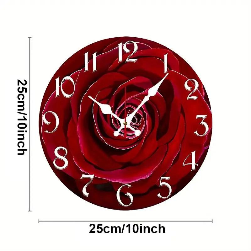 DIY 2D Flat Red Rose Wooden Round Silent Hanging Wall Clock, Suitable For Living Room, Office, Study Room, Bedroom, Home Decoration