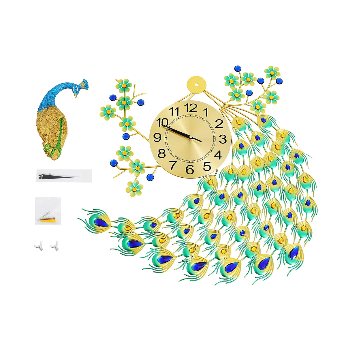 29.5" Large Peacock Wall Clock Crystal Decor 3D Creative Luxury Wall Clock Silent Non-Ticking Battery Operated Living Room Decor