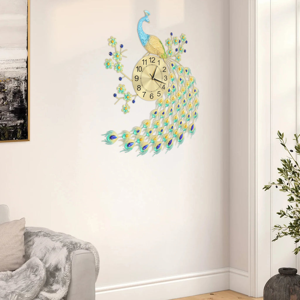 29.5" Large Peacock Wall Clock Crystal Decor 3D Creative Luxury Wall Clock Silent Non-Ticking Battery Operated Living Room Decor