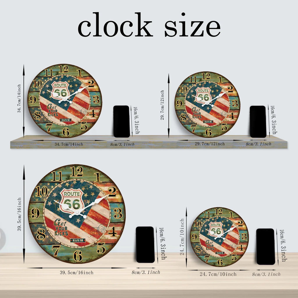 Creative Retro Route 66 Pattern Wooden Wall Clock for Living Room, Bedroom, Kitchen, Home Decoration, Silent Quartz Clock, Holiday Gift, 10 Inches, 12 Inches (No Battery)