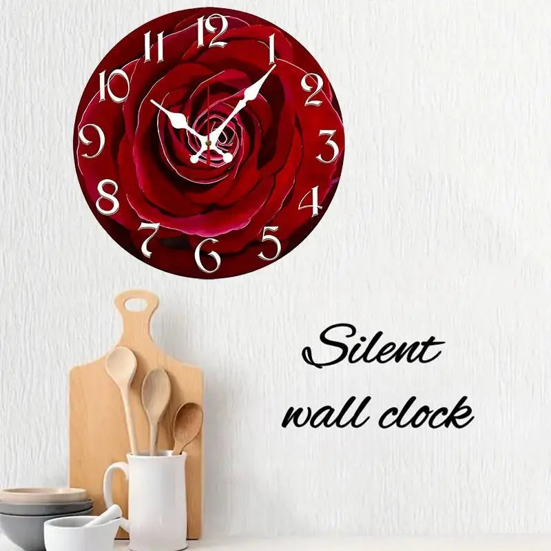 DIY 2D Flat Red Rose Wooden Round Silent Hanging Wall Clock, Suitable For Living Room, Office, Study Room, Bedroom, Home Decoration
