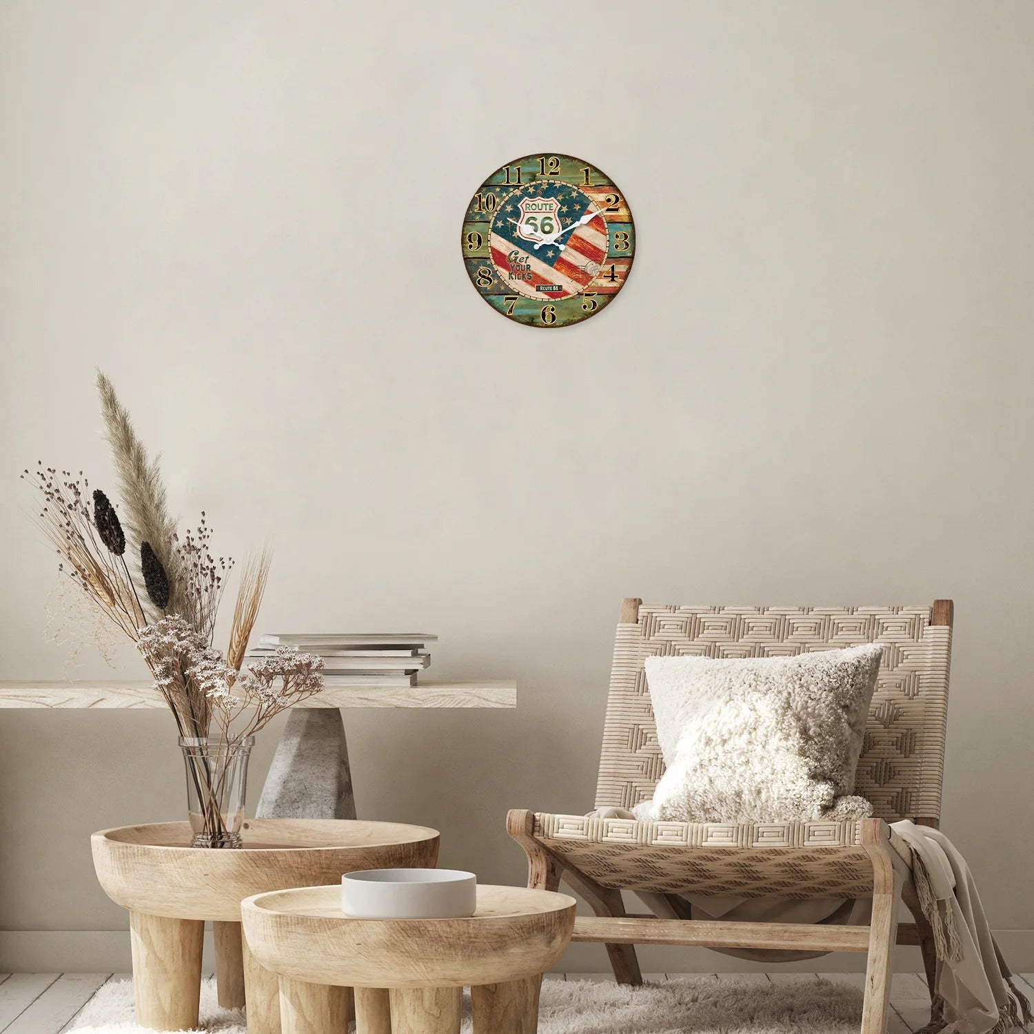 Creative Retro Route 66 Pattern Wooden Wall Clock for Living Room, Bedroom, Kitchen, Home Decoration, Silent Quartz Clock, Holiday Gift, 10 Inches, 12 Inches (No Battery)