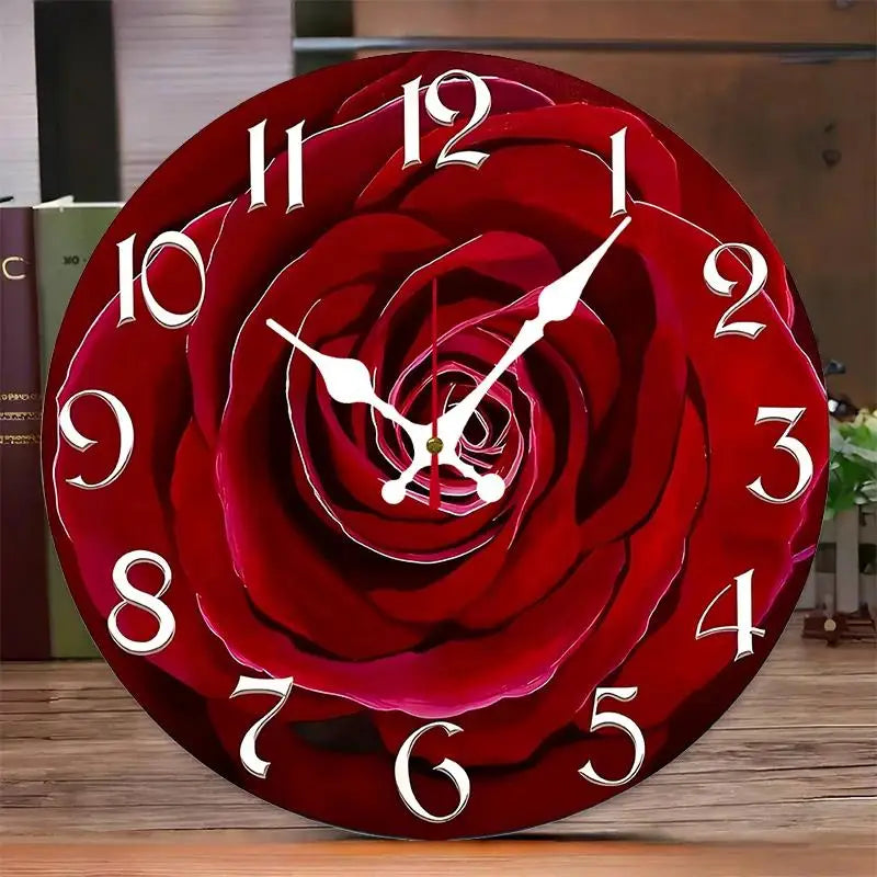 DIY 2D Flat Red Rose Wooden Round Silent Hanging Wall Clock, Suitable For Living Room, Office, Study Room, Bedroom, Home Decoration